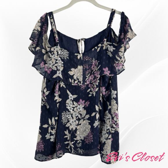 Torrid Navy Silver Pink Chiffon Plus Sz 3/ 22 Cold Shoulder Short Sleeve Top - Picture 10 of 16